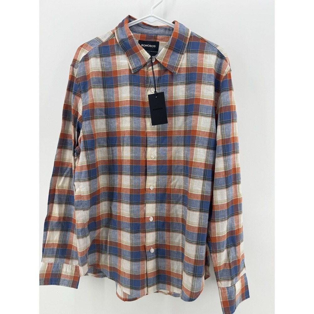 Bonobos Linen Blend Shirt Rust Dorset Plaid Men's Size L Slim Fit NWT